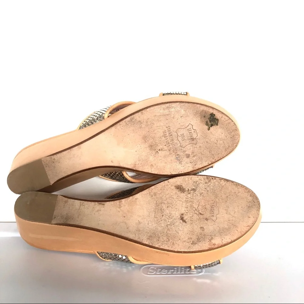 Stuart Weitzman Tan Platform Wedges with Metallic Snake-Print Straps
